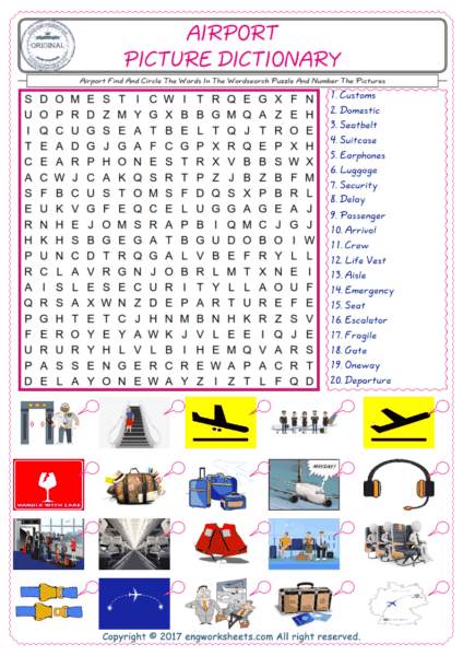  ESL wordsearch worksheets for kids, find Airport words in the word wordsearch write its number on its picture English worksheet. 